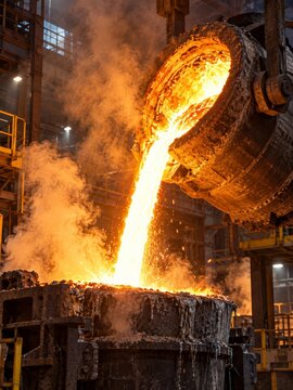 Metal is poured from a large ladle into a mold in a steel production facility during night shift hours