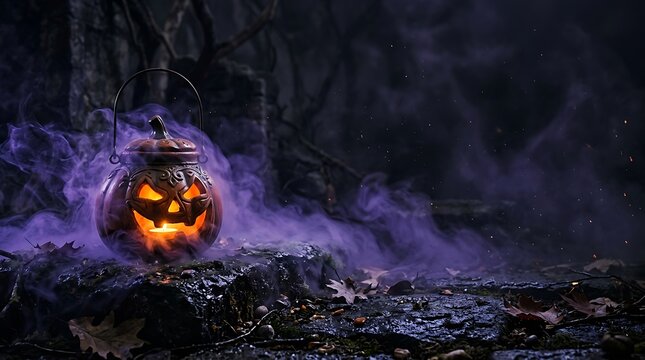 Glowing jack o lantern pot sits on dark stone surface surrounded by thick purple mist under soft low light creating a spooky halloween festive mood