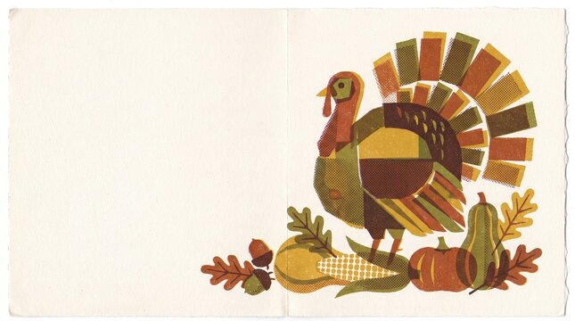 holiday card design, a contemporary thanksgiving card featuring a stylized turkey and autumn harvest elements in rich, layered colors