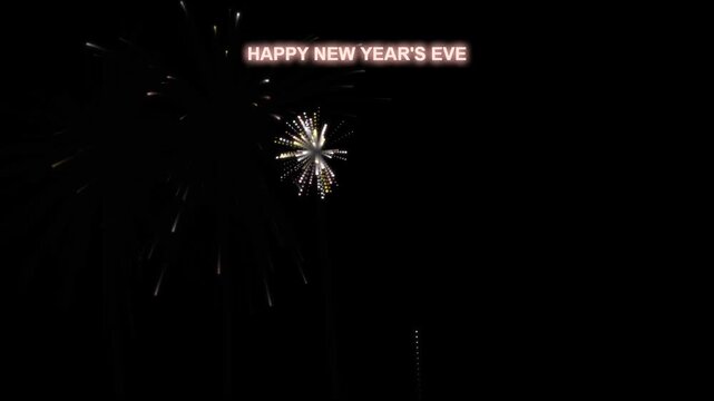 Happy new year's eve text with dazzling fireworks exploding in night sky holiday footage.