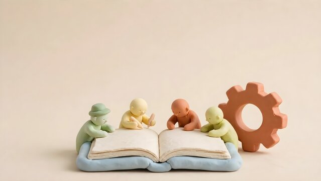 Miniature figurines reading an open book with a gear