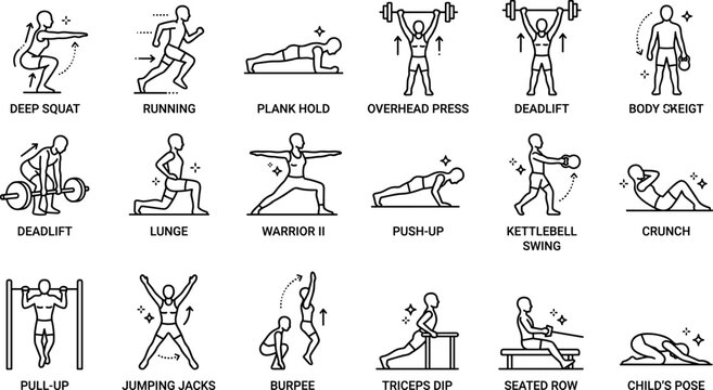 Vector Collection Of Gym Workout Fitness Icons Showing Various Exercises And Training Poses