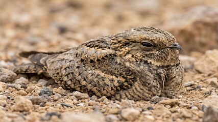 Obraz premium bExtreme Macro of a Camouflaged Egyptian Nightjar Resting on Desert Gravel