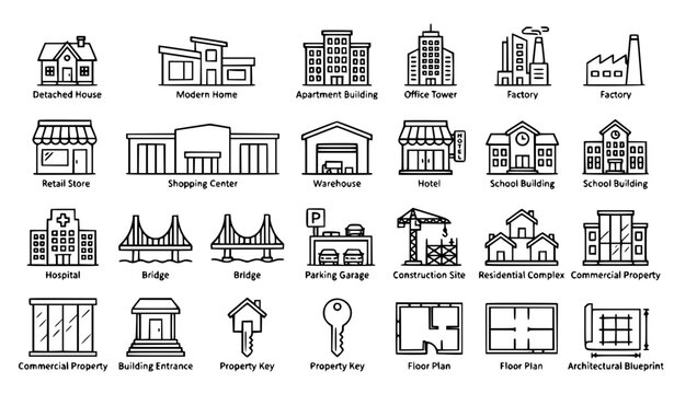 Building Real Estate Thin Line Icon Bundle with House Home Office Factory Store Bridge Property and Editable Outline Vector Graphics