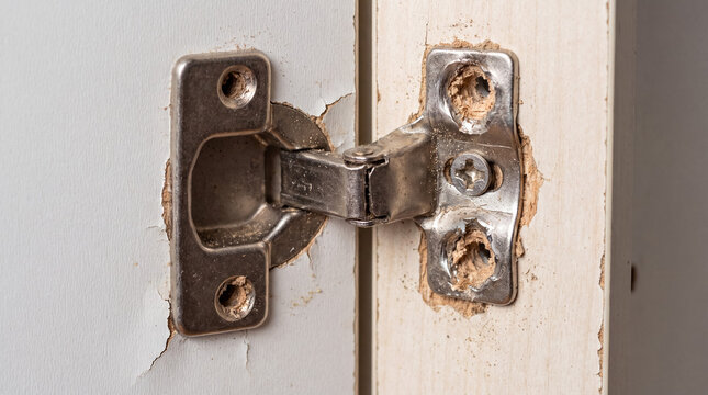 Damaged cabinet hinge pulling out from particle board, showing furniture repair and maintenance issues
