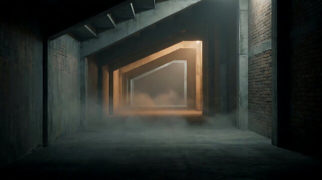 Industrial concrete corridor with atmospheric smoke and lighting