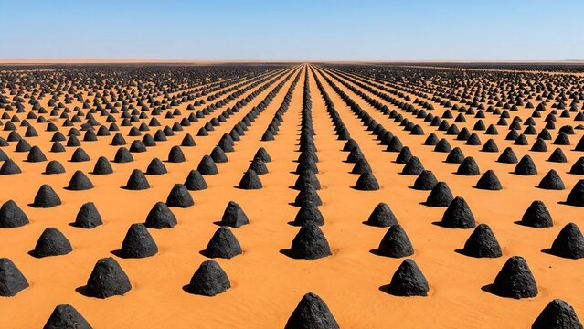 Environmental Macro of Black Dolerite Cones Scattered Across Orange Desert Sand
