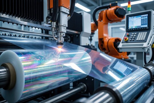 Automated machine cuts shiny plastic film roll. Robotic arm and control panel in factory setting. Modern manufacturing process uses laser cutting tech.