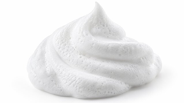Cleansing foam in a swirled mound, dense white texture shown as realistic detail on plain background for personal care packaging