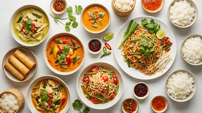 Authentic thai cuisine dishes arranged on white surface for restaurant menu or food blog