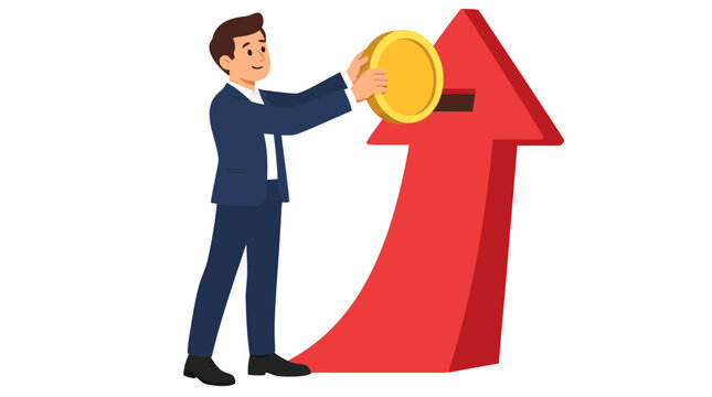 Smiling businessman inserting a large golden coin into a slot on a giant red upward-pointing financial growth arrow, investment and savings strategy flat vector illustration on white