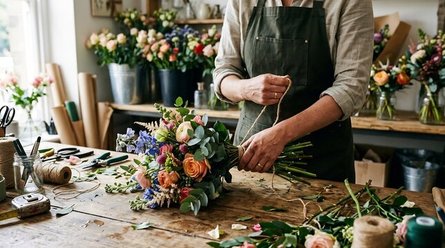 Professional florist arranging a colorful flower bouquet in a rustic flower shop workspace