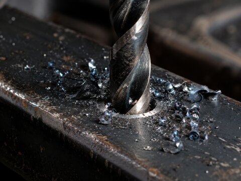 Drill bit cuts through metal in workshop setting with metal shavings nearby