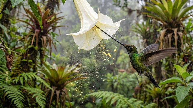High Speed Action of a Sword Billed Hummingbird Pollinating a Datura Flower
