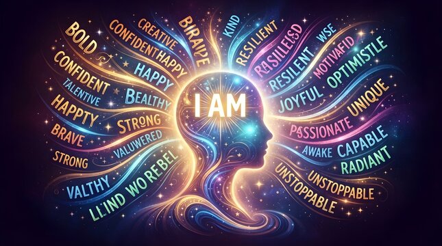 Title: Cosmic Head Silhouette with "I AM" and Positive Affirmation Words for Self Belief


