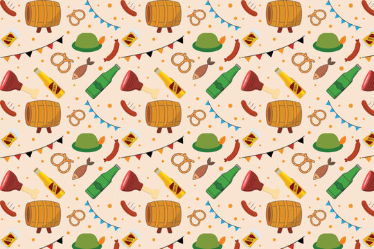 Oktoberfest seamless pattern with beer barrel, bottles, Bavarian hat, pretzels and sausages