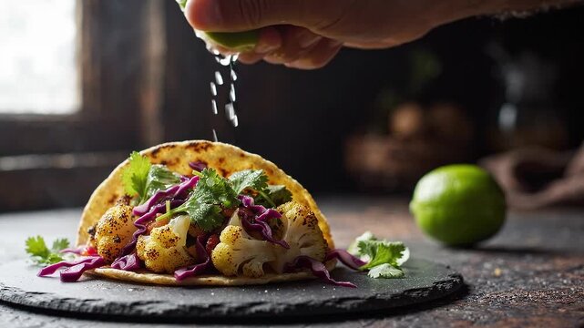 Hand squeezing lime over taco with cauliflower and greens  