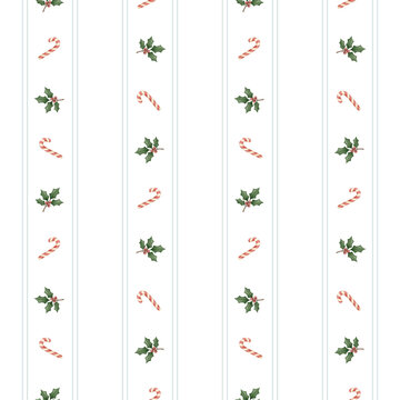 Watercolor Christmas candy canes and holly leaves striped seamless pattern winter vector - Hand drawn illustration