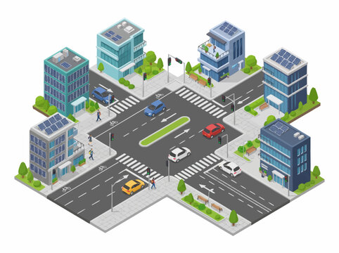 Isometric street crossing illustrating compact urban blocks, residential towers, and automated traffic flow.