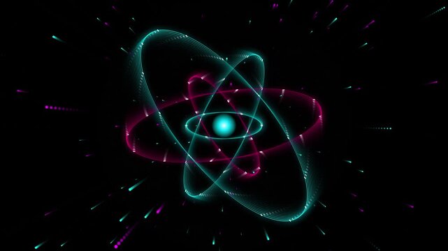 Rotating atomic structure with electrons orbiting nucleus in dark digital space science motion background.