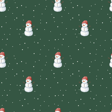 Watercolor cute snowman on dark green background winter Christmas seamless pattern vector - Hand drawn illustration 