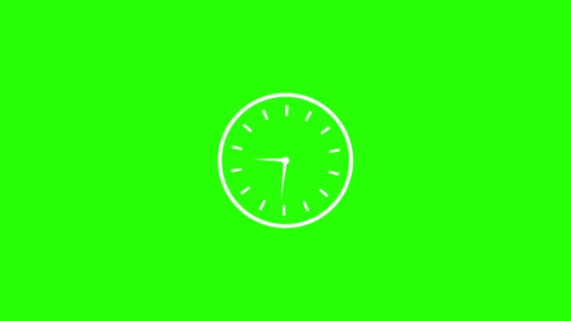 White sketch clock icon with reverse moving hands and subtle wiggle motion on green background.