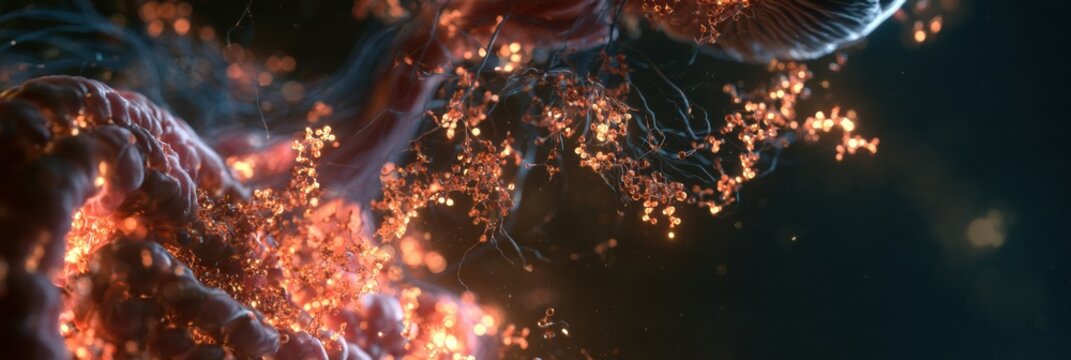 Intestinal cells produce glowing amber serotonin molecules from tryptophan.