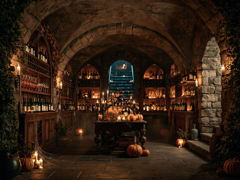 Ancient stone wine cellar with arched vaults, flickering candles, wooden wine racks, pumpkins, spiderwebs and dim atmospheric warm lighting.