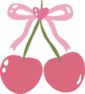 cute pair of cherry fruit with heart ribbon vector cartoon illustration