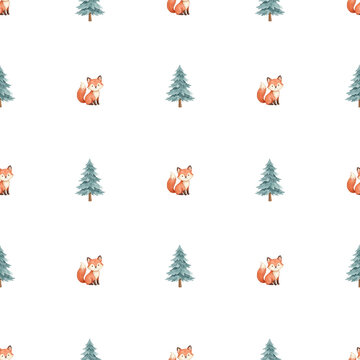 Watercolor cute baby fox and pine trees winter forest seamless pattern vector background - Hand drawn illustration for h