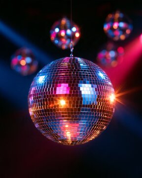 Disco balls reflecting colorful party lights creating a festive atmosphere