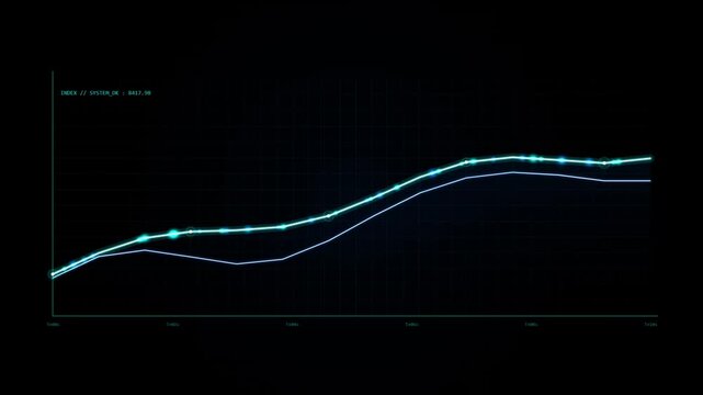 Stock market chart rising with data points and grid lines on black background futuristic.