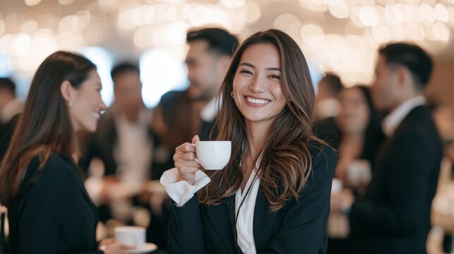 Asian businesswoman smiling and holding coffee cup during a professional networking event