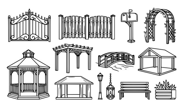 Collection of hand drawn garden architecture elements including gazebos and bridges