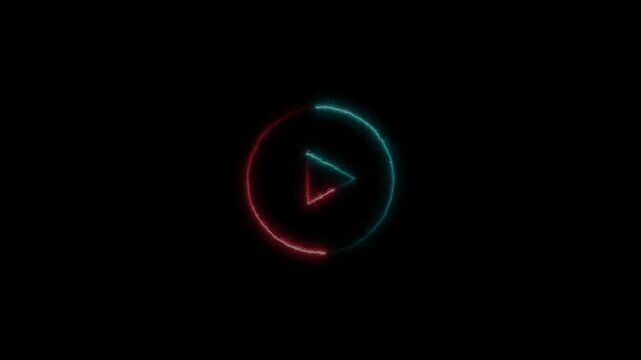 Glowing neon red and blue color play button sign icon animation on black background.