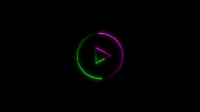 Glowing neon red and blue color play button sign icon animation on black background.