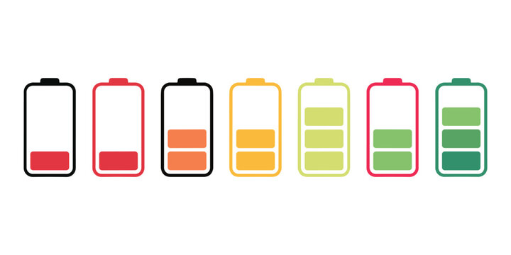 Battery Level Indicator: A graphic display of seven batteries, each indicating a different charge level from empty to full, colored red, orange, yellow, and green.