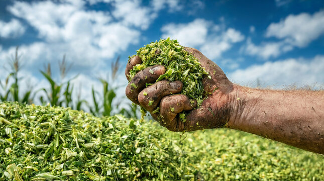 Farmer holding handful of freshly harvested chopped green corn silage feed in agricultural field under blue cloudy sky