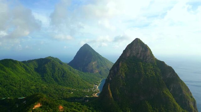 AERIAL SHOT MOVING LEFT OF THE PITONS IN ST.LUCIA 4K