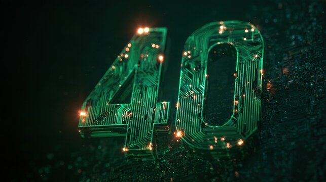 The number 40 is created with green circuit pathways and glowing nodes, showcasing an electronic engineering concept in a dark setting.