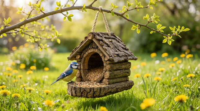 Blue tit bird feeding on seeds at rustic wooden bark birdhouse feeder hanging from tree branch over sunny dandelion meadow