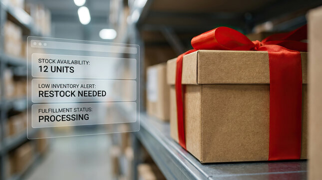 Gift box on warehouse shelf with low inventory alert and fulfillment processing status