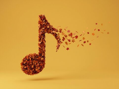 A musical note symbol made of colorful falling autumn leaves on a soft yellow background representing music and nature during the fall season