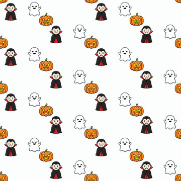 Tileable Halloween background with adorable pumpkin, ghost, and vampire in half-drop seamless pattern