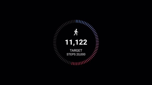 Foot step counter 20000 steps animation for health and fitness, steps counter walking animation on black background with alpha channel.