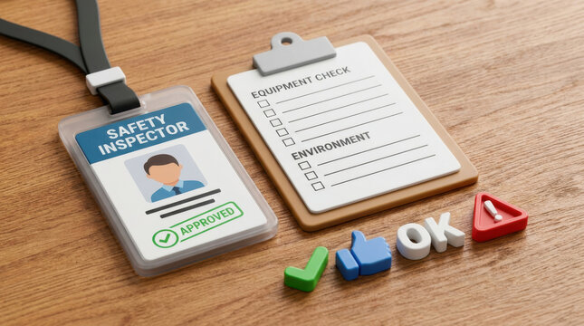 Safety inspector badge equipment checklist with approved status and workplace inspection symbols arranged on wooden surface for OSHA compliance