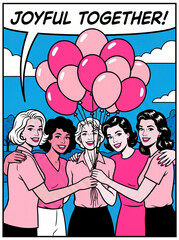 Obraz premium Group of women holding pink balloons celebrating Breast Cancer Awareness Month 