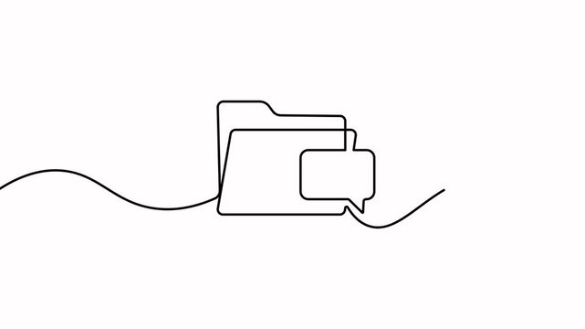 Folder chat bubble line art continuously draws a minimal document folder and speech bubble icon. Seamless loop 4K animation.