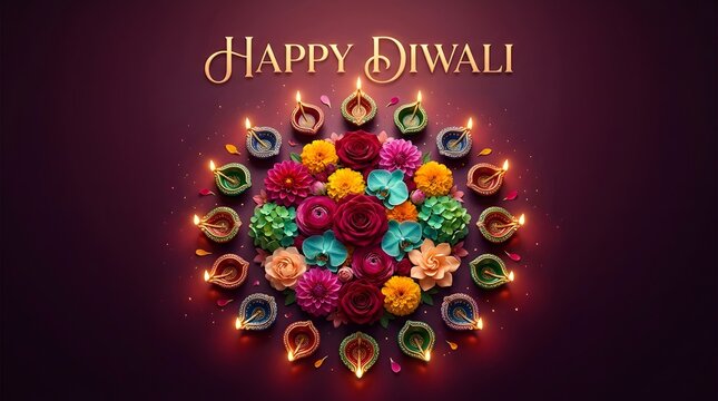 Beautiful diwali celebration with bright lamps and colorful traditional festive decorations displayed