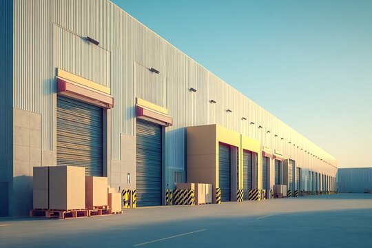 Exterior of a large modern industrial warehouse with loading docks and stacked cardboard boxes